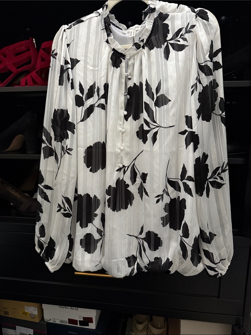 Elegant blouse, white with black floral design and gold threads